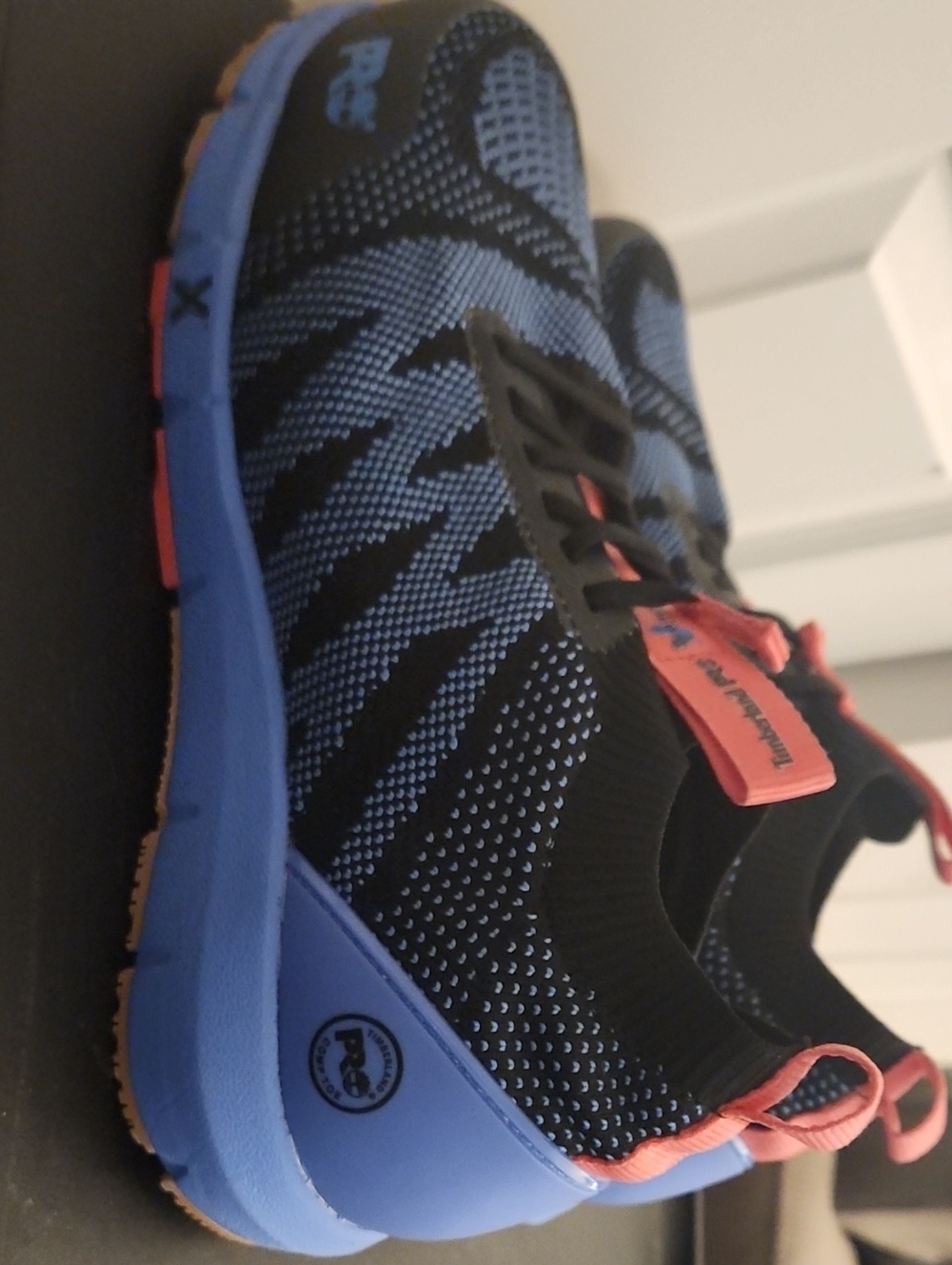 Womens Blue and Black Knit Sneakers with Coral Accents